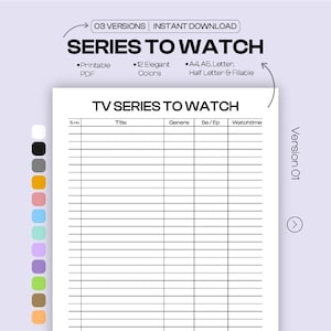Series To Watch Printable PDF, TV Show Tracker Planner Page, Fillable Watchlist Sheet, A4 A5 Letter Half Letter Download