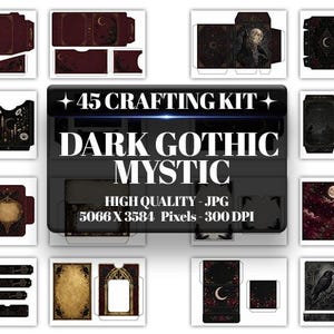 Könnte beinhalten: Ein digitales Bastelset mit 45 druckbaren Vorlagen mit düsteren, gotischen und mystischen Motiven, darunter Raben, Monde und Blumenmuster in Dunkelrot, Schwarz und Gold. Text: 45 CRAFTING KIT DARK GOTHIC MYSTIC HIGH QUALITY - JPG 5066 X 3584 Pixels - 300 DPI.
