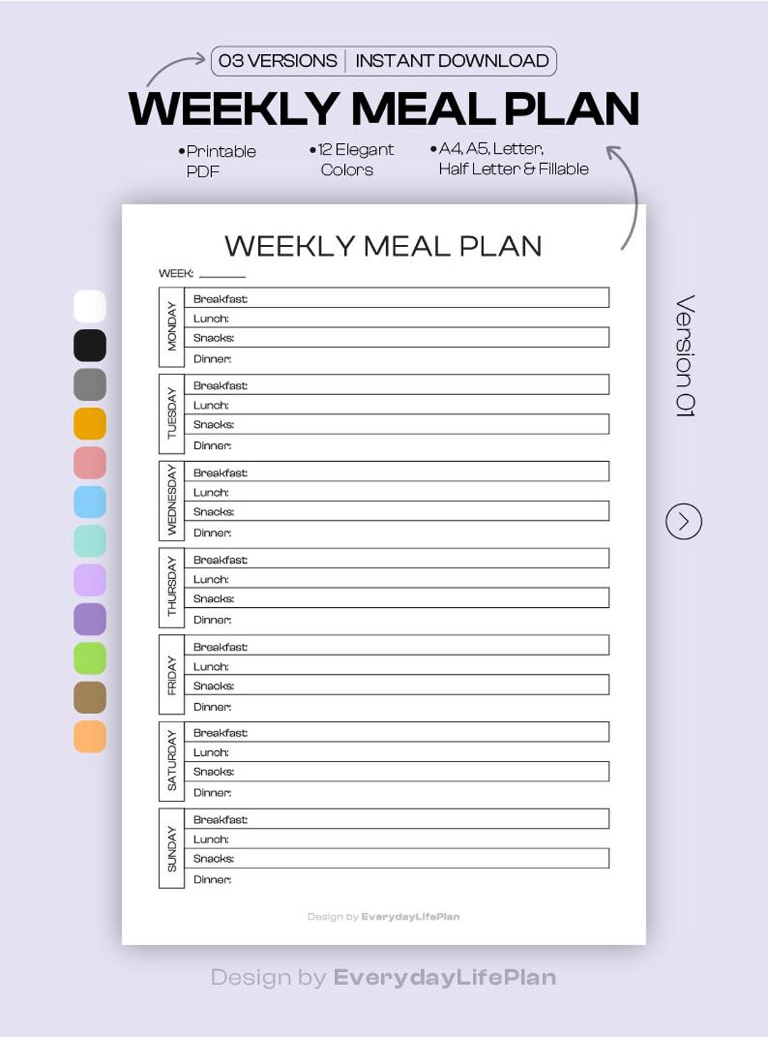 Weekly Meal Plan Printable PDF, 7 Day Meal Planner Template, Fillable ...