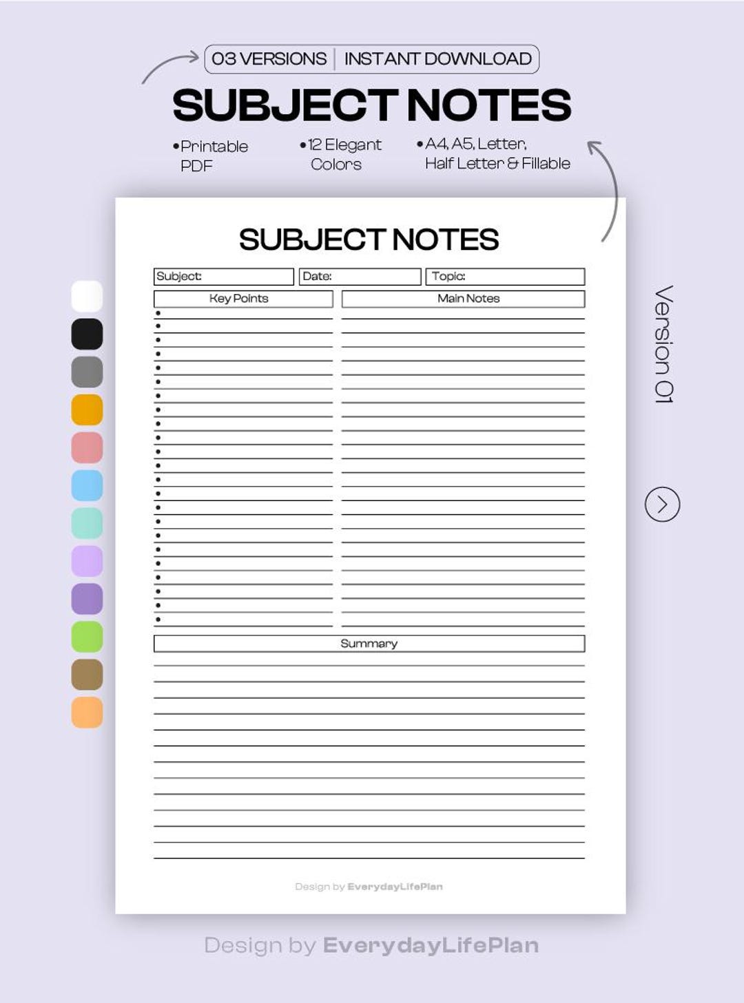 Subject Notes Printable PDF, Study Notes Template, Fillable Student ...