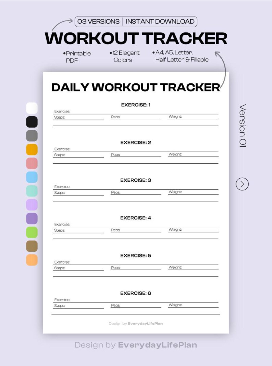 Daily Workout Tracker Printable PDF, Exercise Log With Reps & Weight ...
