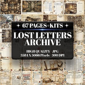 Könnte beinhalten: Eine digitale Sammlung von 67 Seiten und Kits mit dem Titel Lost Letters Archive, die Illustrationen im Vintage-Stil von Bibliotheken, Poststellen und Korrespondenzdokumenten in Sepiatönen zeigt, hohe Qualität 3584 x 5066 Pixel bei 300 DPI.