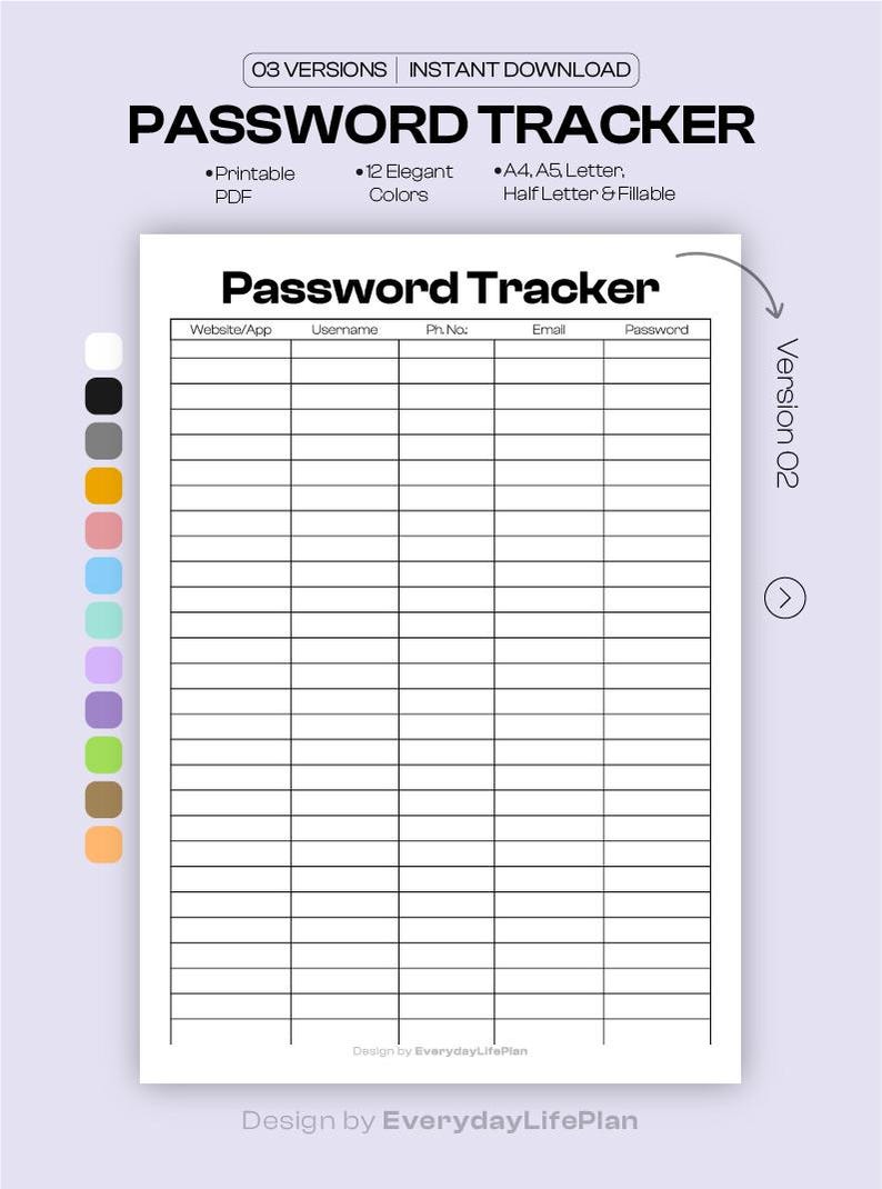 Password Tracker Printable PDF, Login Info Organizer Sheet, Fillable ...