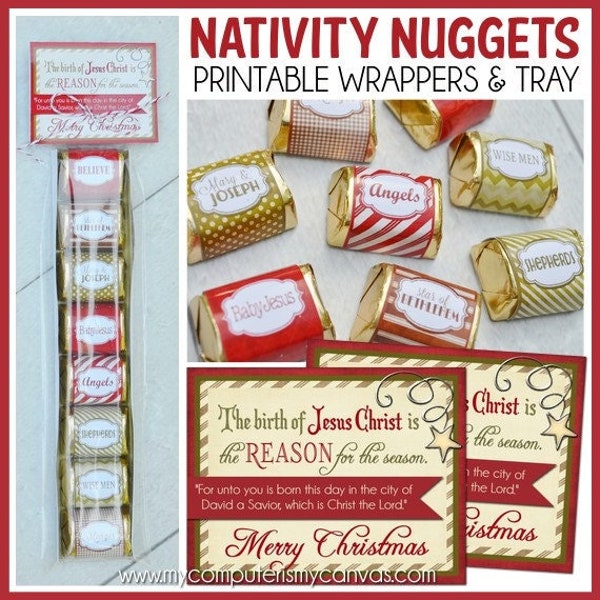 NATIVITY Christmas Nugget Wrappers, Reason for the Season, Holiday Party Treat or Favor - Printable Instant Download