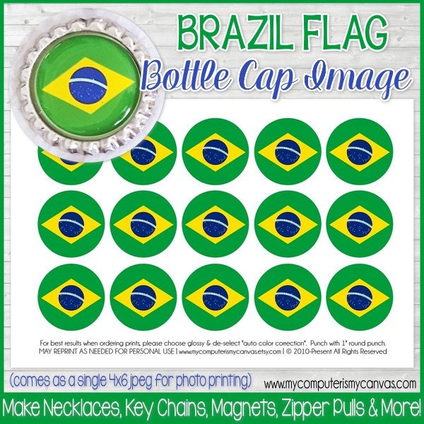 Brazil FLAG Bottle Cap Image, Brazilian Printable, Inchie, 1-Inch Circle, Digital Collage, World Flags -Printable Instant Download