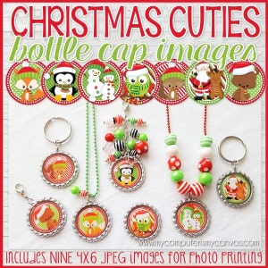 Christmas BOTTLE CAP Images, Christmas Owl, FOX, Penguin, Snowman, Santa, Reindeer, Bear, Christmas in July - Printable Instant Download