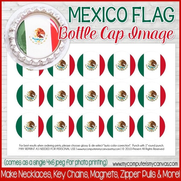 MEXICO FLAG Bottle Cap Image, Mexican Flag Printable, Inchie, 1-Inch Circle, Digital Collage, World Flags -Printable Instant Download