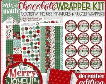 CHRISTMAS Chocolate Wrapper Gift Set, DECEMBER Nugget Wrappers, Miniature Bar, Kiss Stickers, Gift Tags - PRINTABLE Instant Download