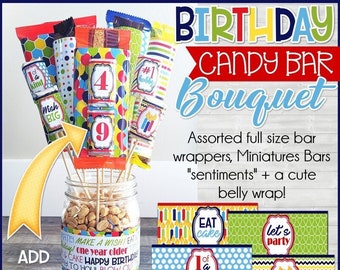 Birthday CANDY BAR BOUQUET Printable, Candy Bar Wrappers, Gift Tag, Happy Birthday, Miniatures Bars Wrappers - Printable Instant Download