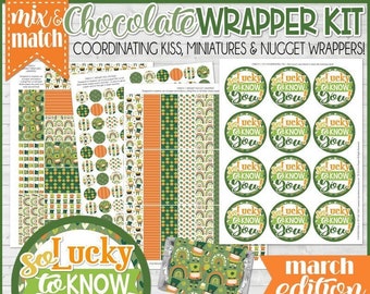 ST. PATRICK'S DAY Chocolate Wrapper Gift Set, March Nugget Wrappers, Miniature Bar, Kiss Stickers, Gift Tag - Printable Instant Download