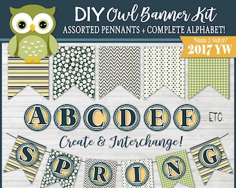 Owl BANNER Kit, Complete Alphabet for ALL Occasions, Assorted Pennants - "Made to Match" 2017 YW Collection - Printable Instant Download