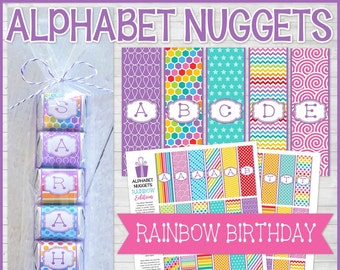 ALPHABET Nugget Wrappers, Rainbow Birthday Colors, Spell Out NAMES and WORDS, Party Favor - Printable Instant Download