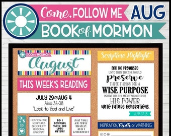 AUGUST 2024 Come Follow Me Family Bulletin Board Kit PRINTABLES, Book of Mormon, Weekly Assignment Tracker - Instant Download