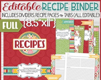EDITABLE Recipe Binder Kit Printables (Red), Recipe Book, Recipe Printables, Recipe Kit, Full Size, 8.5x11 - NOT INSTANT Download