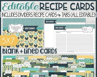 EDITABLE Navy 5x7 Recipe Card Printables, Recipe Book, Recipe Printables, Recipe Kit, Printable Recipe Cards 5x7 - NOT INSTANT Download
