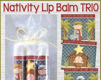 Nativity Lip Balm Label TRIO, Christmas Lip Balm Wrappers, Christmas Party Favor, Religious Christmas Gift Idea - PRINTABLE Instant Download