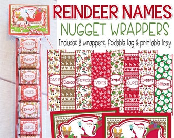 REINDEER NAMES Nugget Wrappers, Ruldolph the Red Nosed Reindeer, Christmas Nugget Wrappers, Class Party Favor - PRINTABLE Instant Download