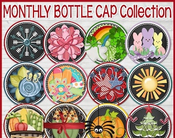 MONTHLY Bottle Cap Image Collection, Annual, Holiday, Seasonal, Birthday FAUX CHALKBOARD Style, Inchie Collage - Printable Instant Download