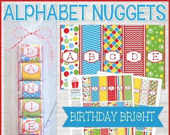 ALPHABET Nugget Wrappers, Bright Birthday Colors, Spell Out NAMES and WORDS, Party Favor - Printable Instant Download