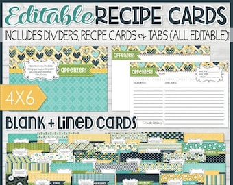 EDITABLE Navy 4x6 Recipe Card Printables, Recipe Book, Recipe Printables, Recipe Kit, Printable Recipe Cards 4x6 - NOT INSTANT Download