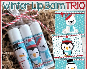 Winter Lip Balm Wrapper TRIO, Snowman Penguin Polar Bear - Lip Balm Labels, Party Favor, Gift Idea, JANUARY - PRINTABLE Instant Download