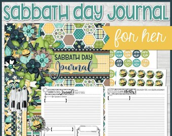 Sabbath Day JOURNAL for HER, Sunday Notebook, Church & Bible Class Notes + Matching Pen Inserts, Bottle Cap - Printable Instant Download