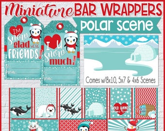 Polar SNOW Valentine MINIATURE BAR Wraps, Winter Scene Miniature Bar Wrappers, Gift Tag, Valentine/Winter Craft - Printable Instant Download