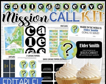 MISSION CALL Opening Kit, Called to Serve Banner, LDS Missionary Printables, Book of Mormon, Cupcake Toppers, Guess Sheet - Instant Download