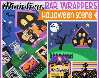 Halloween MINIATURE BAR Wraps, Halloween Treat, Party Favor, Halloween Scene, Halloween Miniatures Wrappers - Printable Instant Download