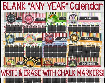Printable Blank ANY YEAR Monthly Calendars, Faux Chalkboard Calendars, Decorative Wall Desk Calendar, Letter Size ANNUAL - Instant Download