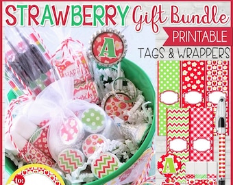 Gift Tags & Wrappers Gift Basket Set, Gift Basket Printables, STRAWBERRY, Printable Gift Tags, Gift Basket Ideas, BUCKET - Instant Download