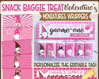 VALENTINE MINIATURES Bar Wrappers, Printable GNOME Valentine Favor, Snack Baggie Topper, Party Favor, Personalized Gift Tag Instant Download