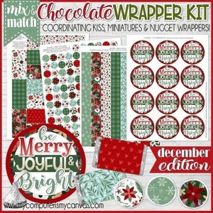 CHRISTMAS Chocolate Wrapper Gift Set, DECEMBER Nugget Wrappers, Miniature Bar, Kiss Stickers, Gift Tags - PRINTABLE Instant Download