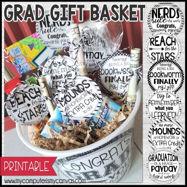 GRADUATION Gift Basket Tags, Favor Tags, Gift Ideas, Candy Tags, Graduation GIFT, Grad Gift, Cupcake Toppers - PRINTABLE Instant Download