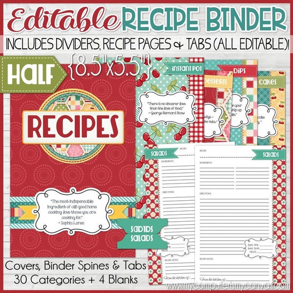 EDITABLE Recipe Binder Kit Printables (Red), Recipe Book, Recipe Printables, Recipe Kit, HALF Size, 5.5x8.5 - NOT Instant Download