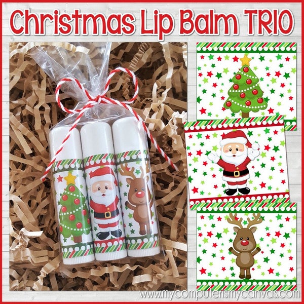 Weihnachten Lippenbalsam Label TRIO, Weihnachtsmann Lippenbalsam Wrappers, Weihnachts Party Favor, einfache Weihnachtsgeschenkidee - PRINTABLE Instant Download