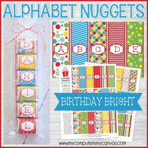 ALPHABET Nugget Wrappers, Bright Birthday Colors, Spell Out NAMES and WORDS, Party Favor - Printable Instant Download