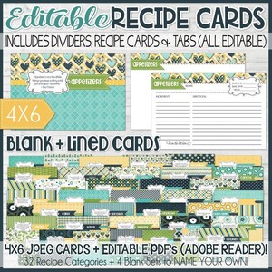 EDITABLE Navy 4x6 Recipe Card Printables, Recipe Book, Recipe Printables, Recipe Kit, Printable Recipe Cards 4x6 NOT INSTANT Download image 1