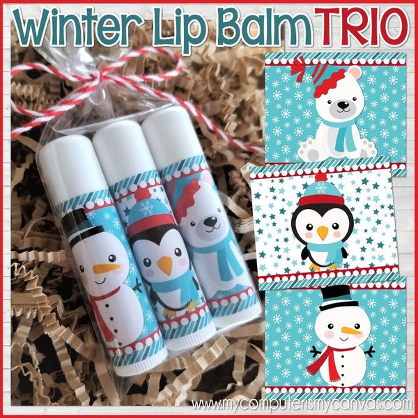 Winter Lip Balm Wrapper TRIO, Snowman Penguin Polar Bear - Lip Balm Labels, Party Favor, Gift Idea, JANUARY - PRINTABLE Instant Download