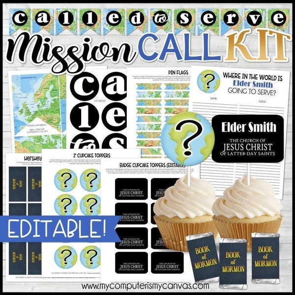 MISSION CALL Opening Kit, Called to Serve Banner, LDS Missionary Printables, Book of Mormon, Cupcake Toppers, Guess Sheet - Instant Download