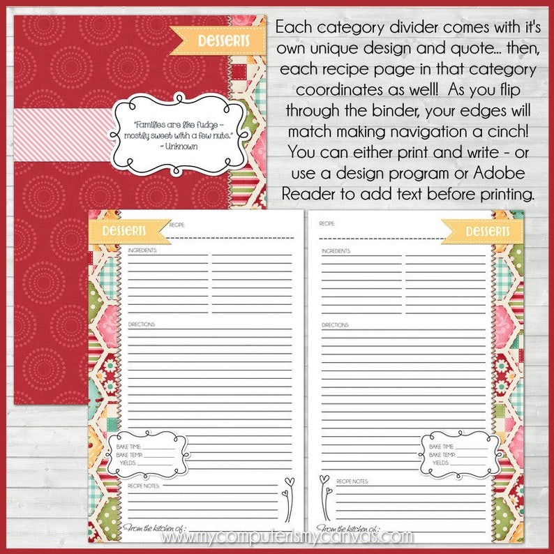 RECIPE BINDER Kit Printables RED Recipe Book Recipe Etsy