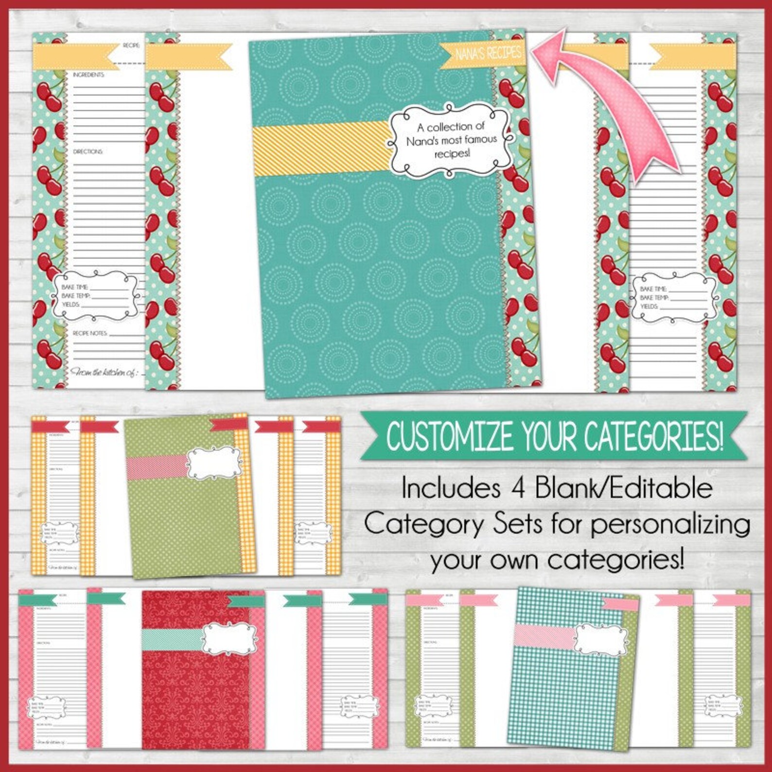 EDITABLE Recipe Binder Kit Printables red Recipe Book Etsy Canada