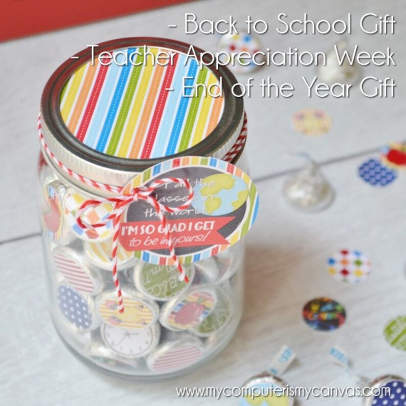 TEACHER, School, Chocolate Kiss Mason Jar Gift Set with Tag & Topper, Printable Kiss Stickers Instant Download image 3