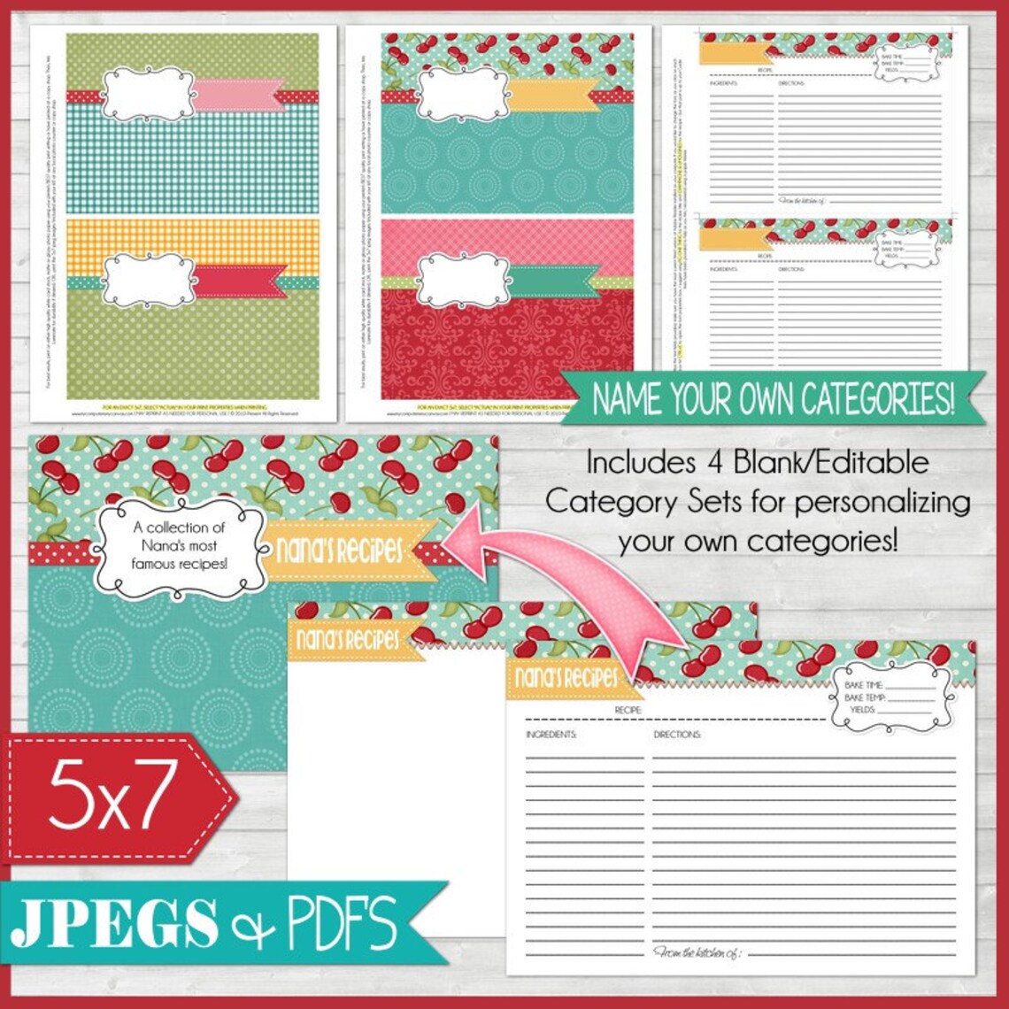 EDITABLE Red 5x7 Recipe Card Printables Recipe Book Recipe Etsy