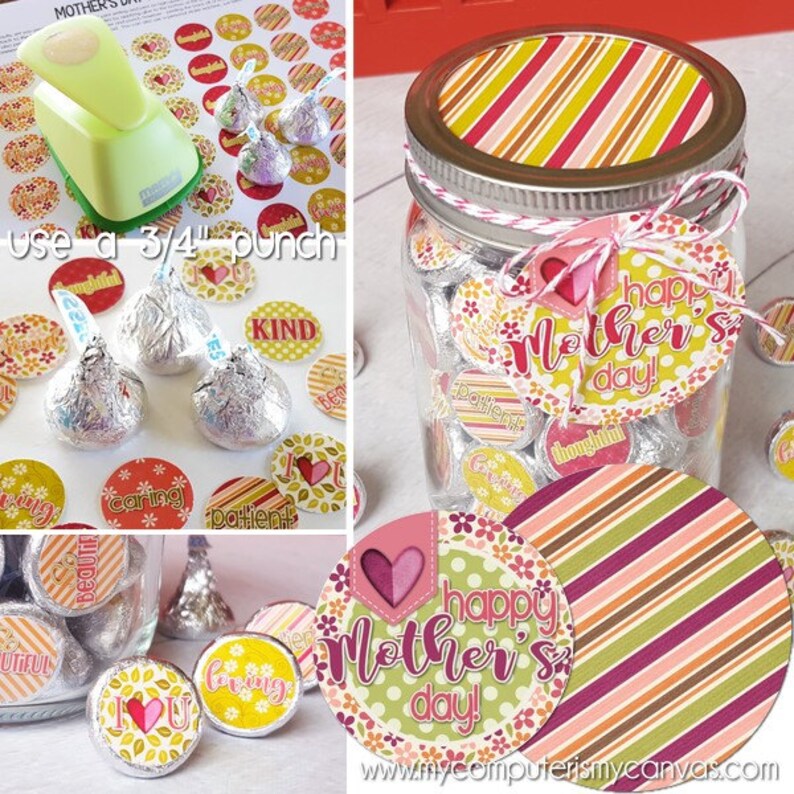 MOTHER'S DAY Chocolate KISS Mason Jar Gift Set with Tag & Topper, Gift or Treat Printable Kiss Stickers Instant Download image 2