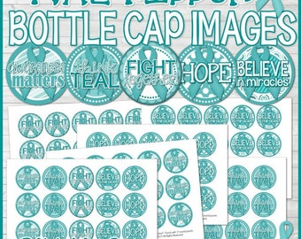 TEAL RIBBON Bottle Cap Images, Ovarian Cancer AWARENESS, 1 Inch Round Images - Printable Instant Download