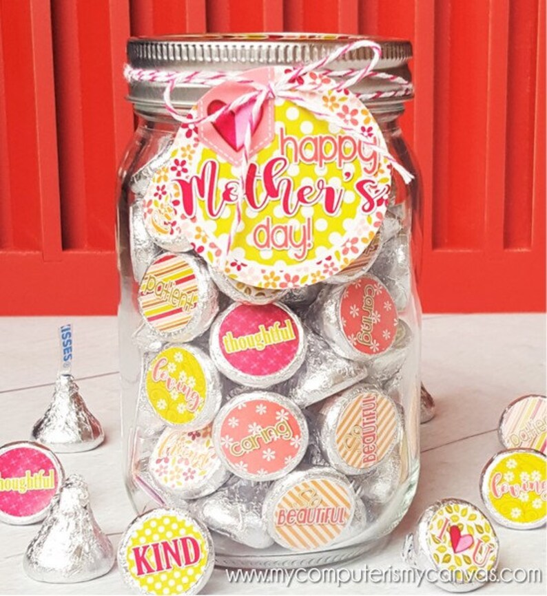 MOTHER'S DAY Chocolate KISS Mason Jar Gift Set with Tag & Topper, Gift or Treat Printable Kiss Stickers Instant Download image 4