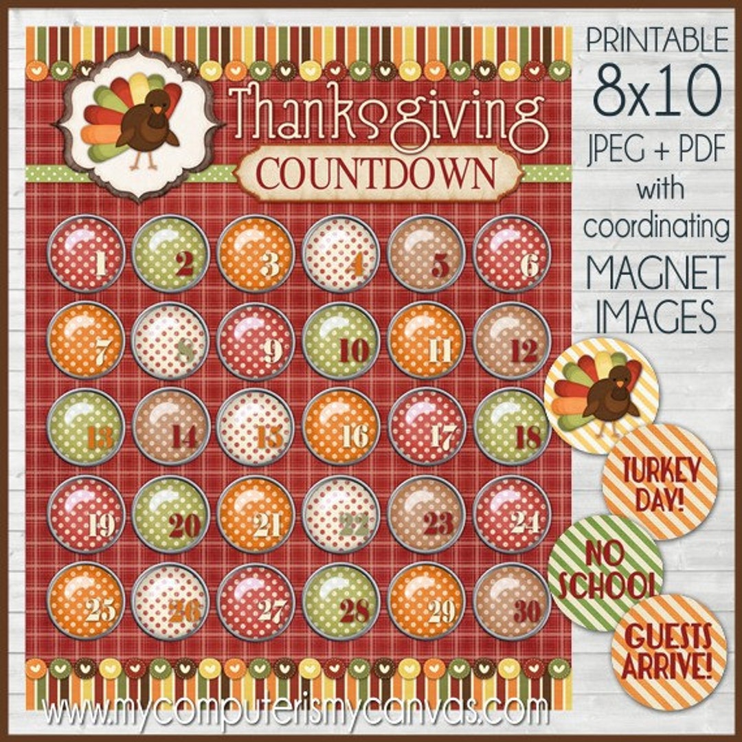 Thanksgiving Countdown Turkey Day ADVENT Printable Instant Etsy