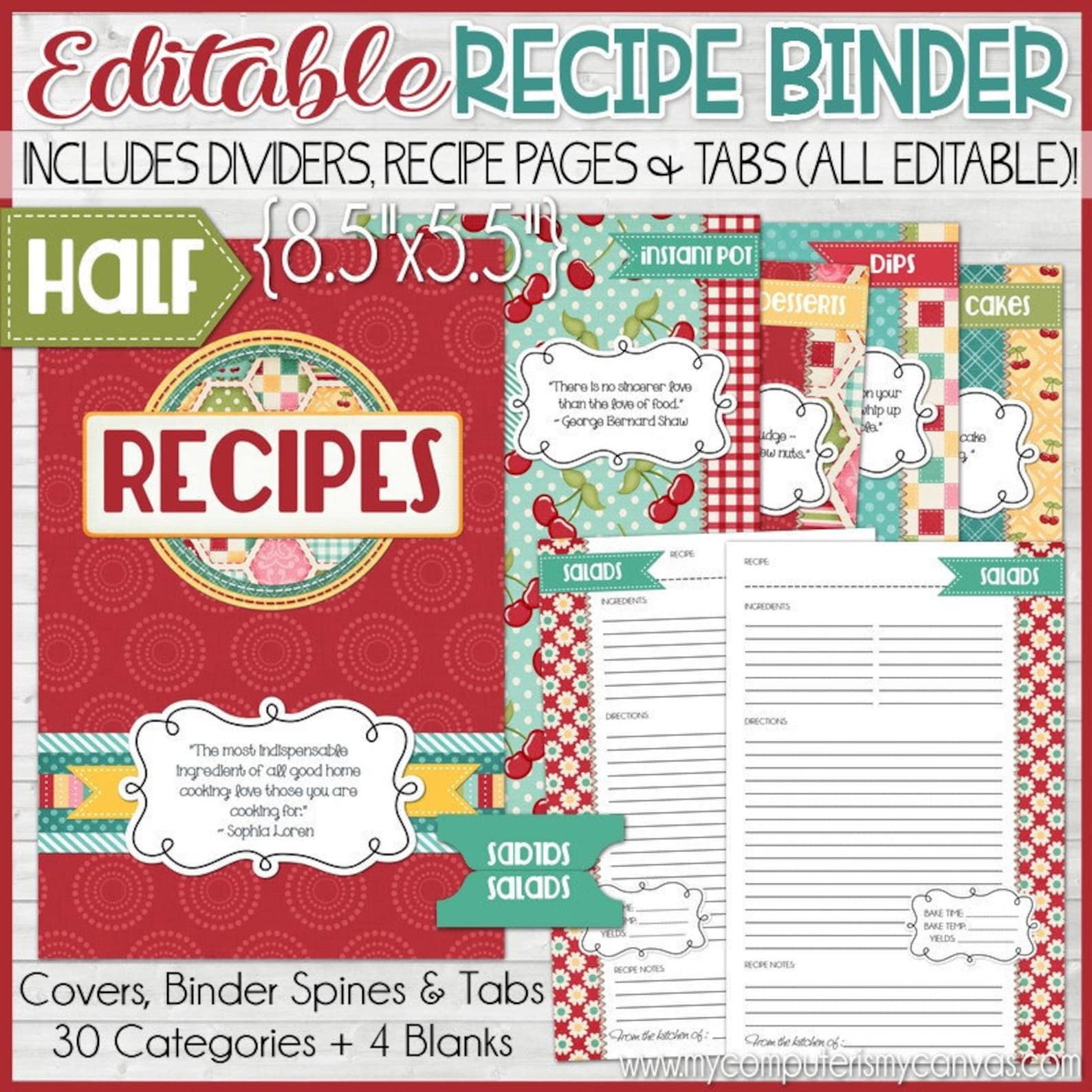 EDITABLE Recipe Binder Kit Printables red Recipe Book Etsy Canada