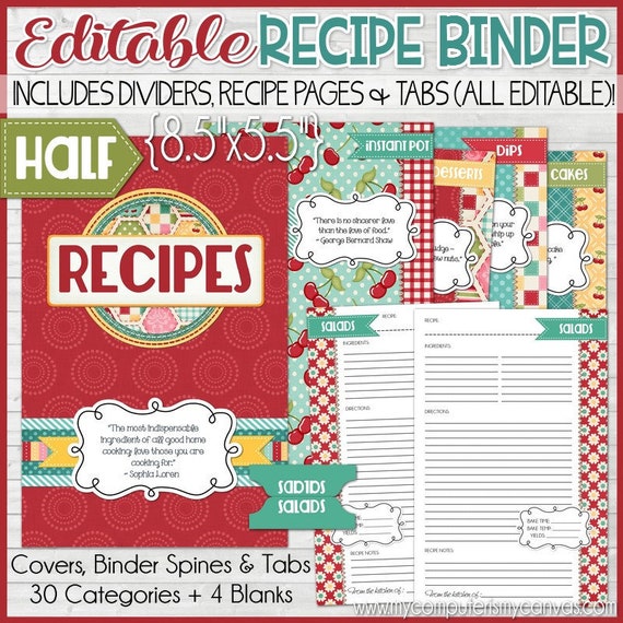 EDITABLE Recipe Binder Kit Printables Red Recipe Book